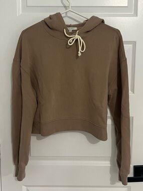 244 - Z Supply Cropped Hoodie in Taupe Brown with Cream Drawstring